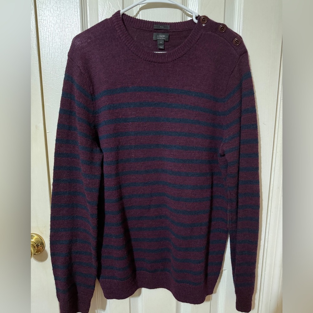 J. Crew Men's Burgundy and Navy Striped Crewneck Sweater